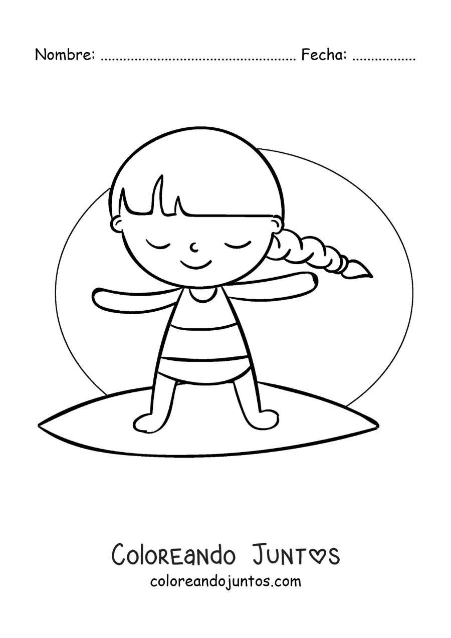 Imagen para colorear de una niña animada surfeando