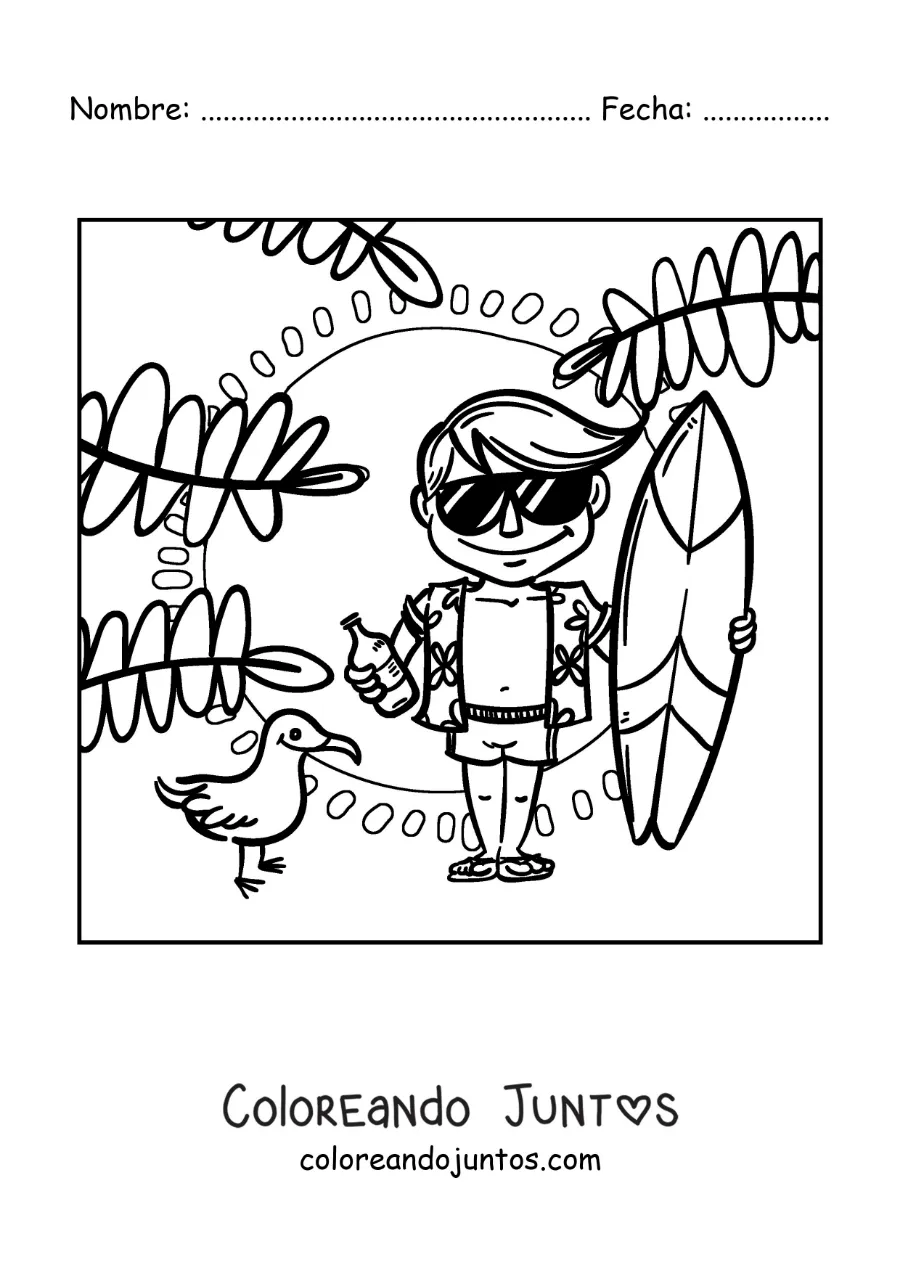 Imagen para colorear de un chico surfista en la playa con lentes de sol y una botella