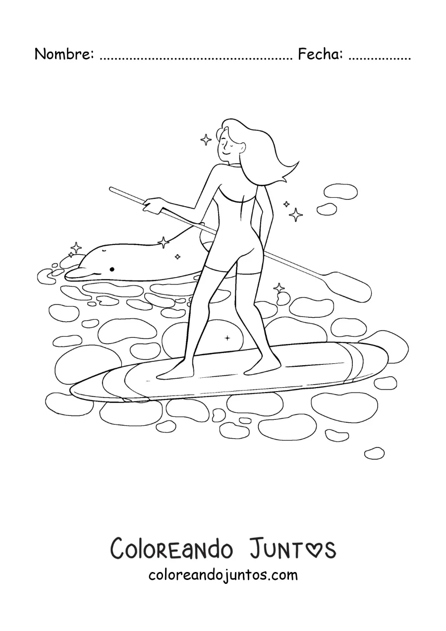 Imagen para colorear de una chica practicando paddle surf