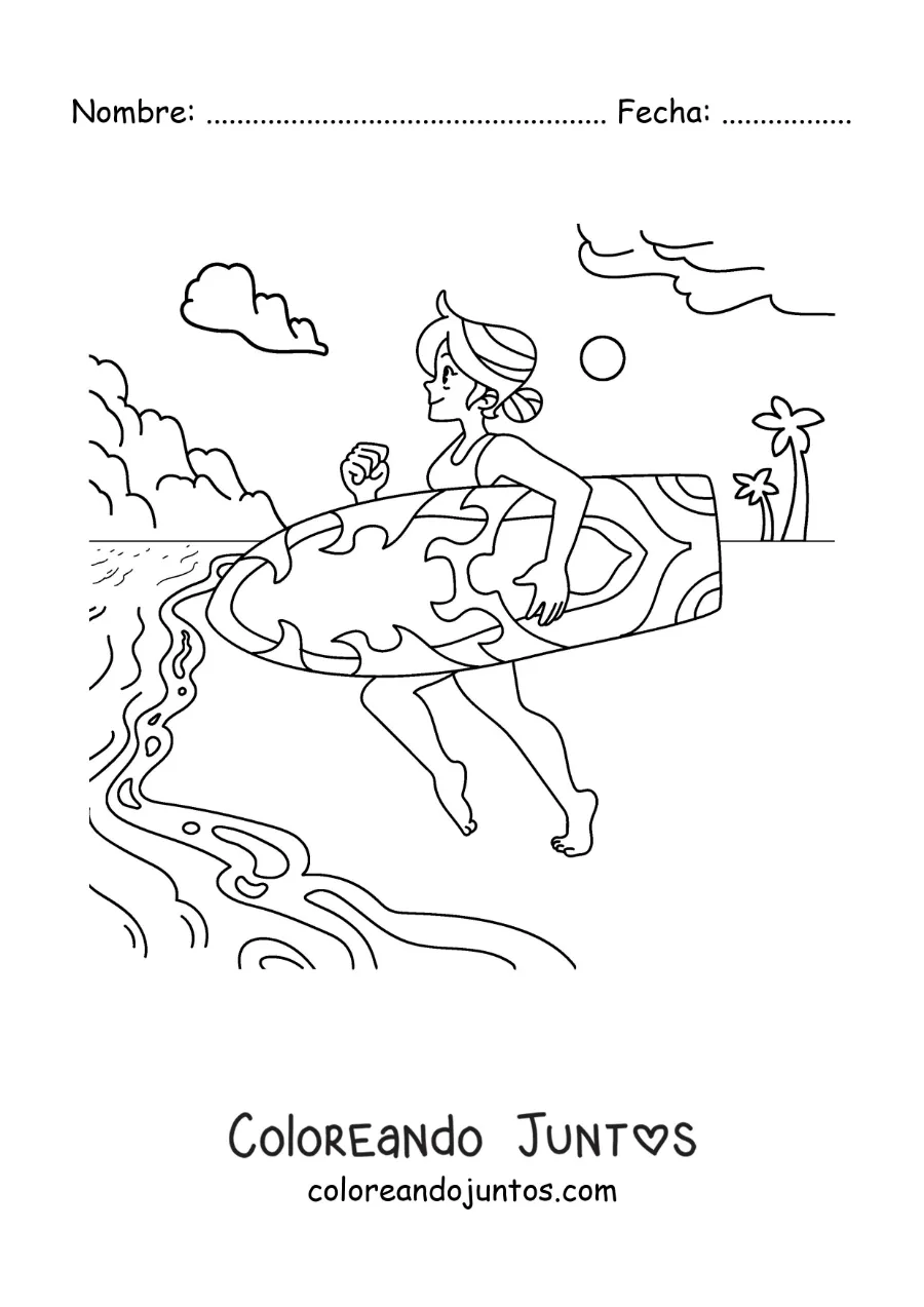 Imagen para colorear de una chica surfista corriendo hacie el mar en la playa