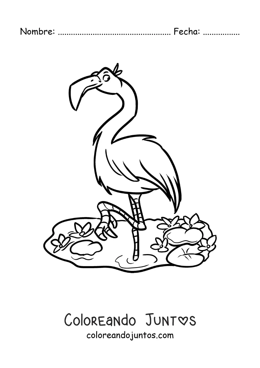 Imagen para colorear de un flamingo del zoológico animado en un estanque