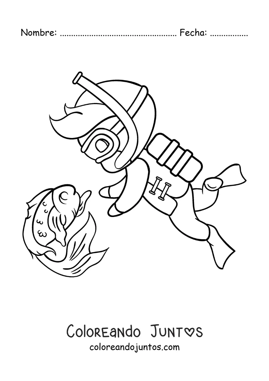 Imagen para colorear de un niño buceando junto a un pez animado