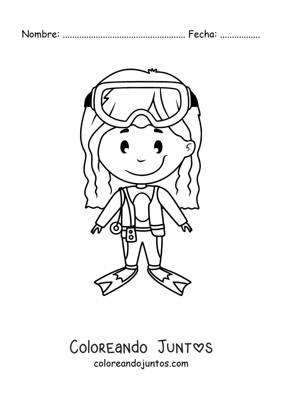 Imagen para colorear de una niña con equipo de buceo