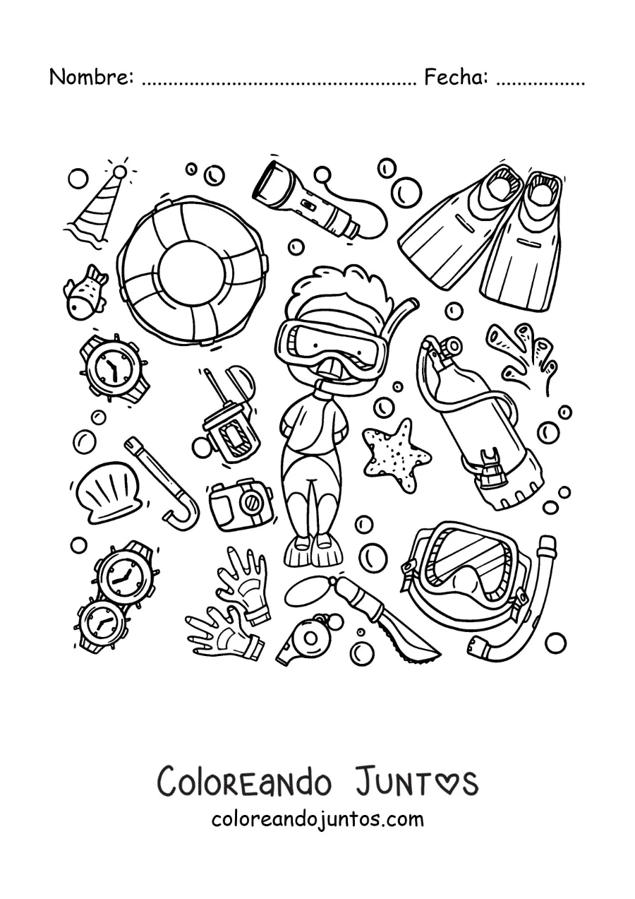 Imagen para colorear de un buzo con su equipo para bucear