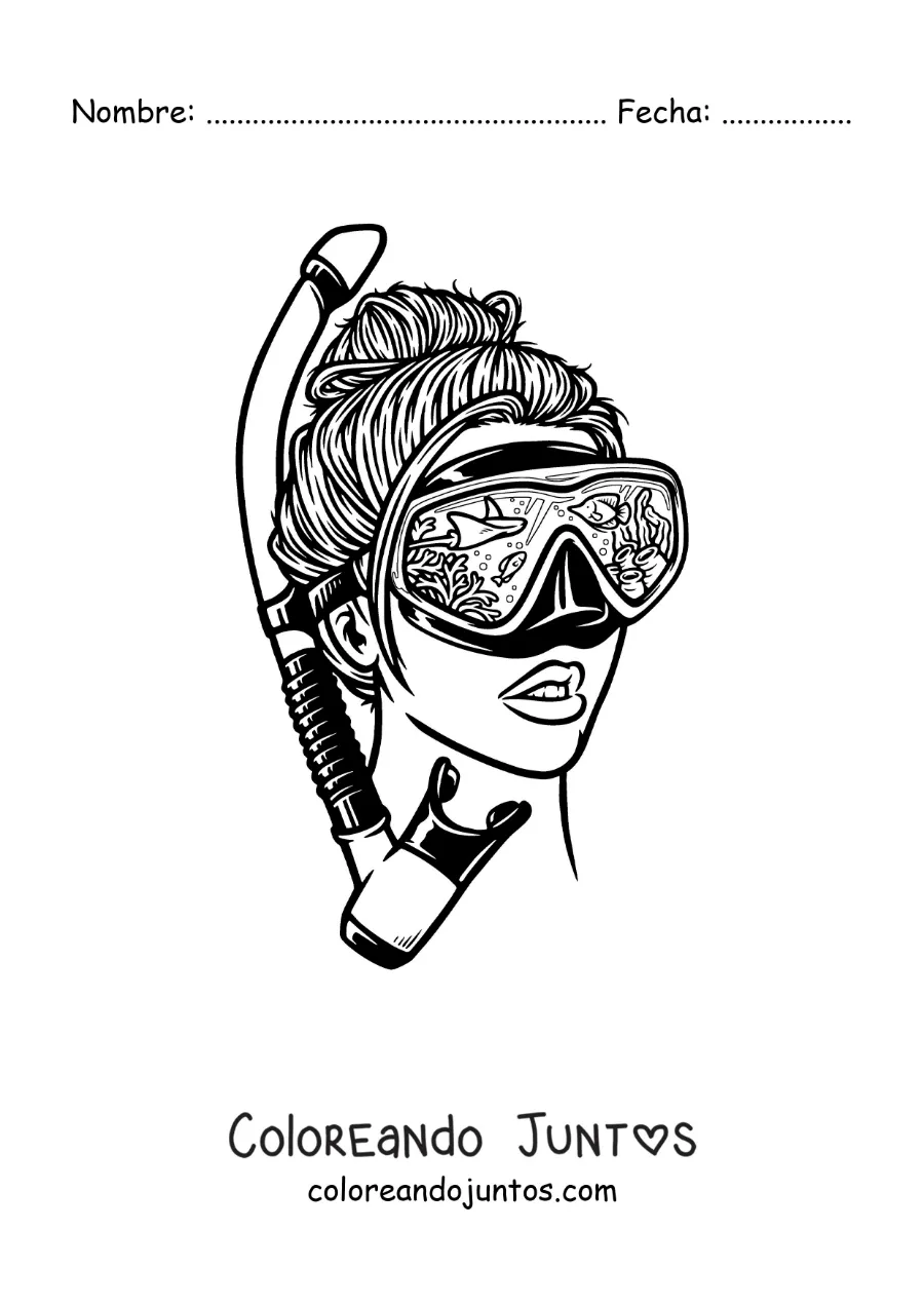 Imagen para colorear de una chica en estilo realista con gafas y esnórkel