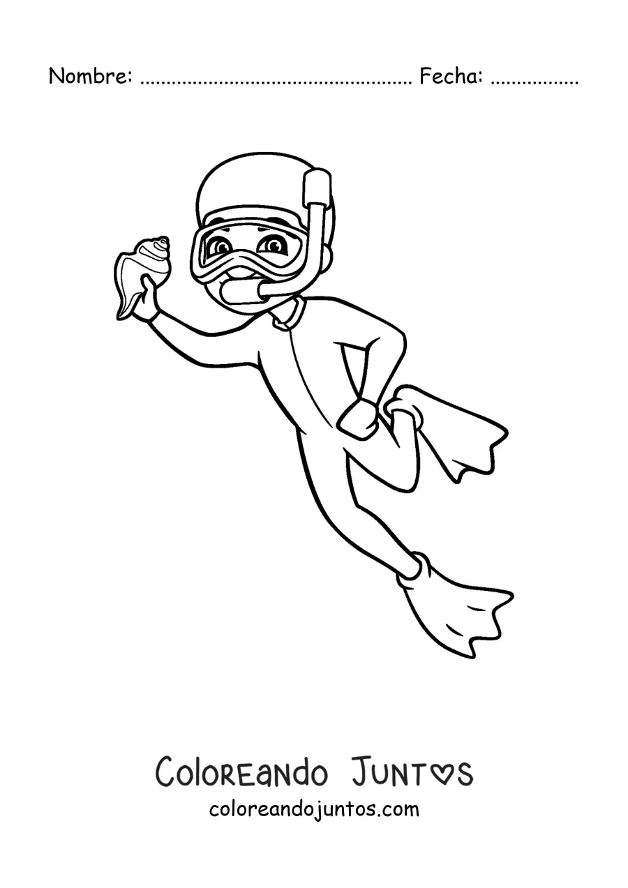 Imagen para colorear de un niño buceando encontrando una caracola