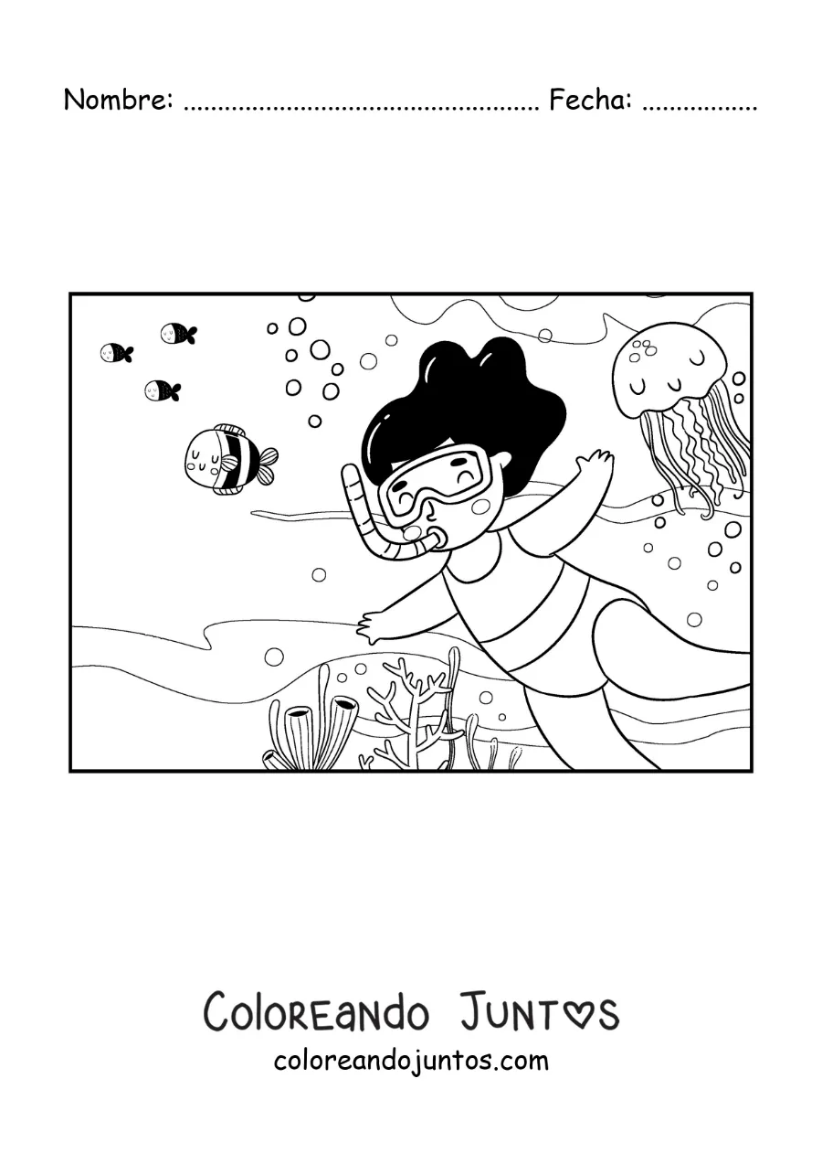 Imagen para colorear de una niña buceando en el fondo del océano con peces y medusas