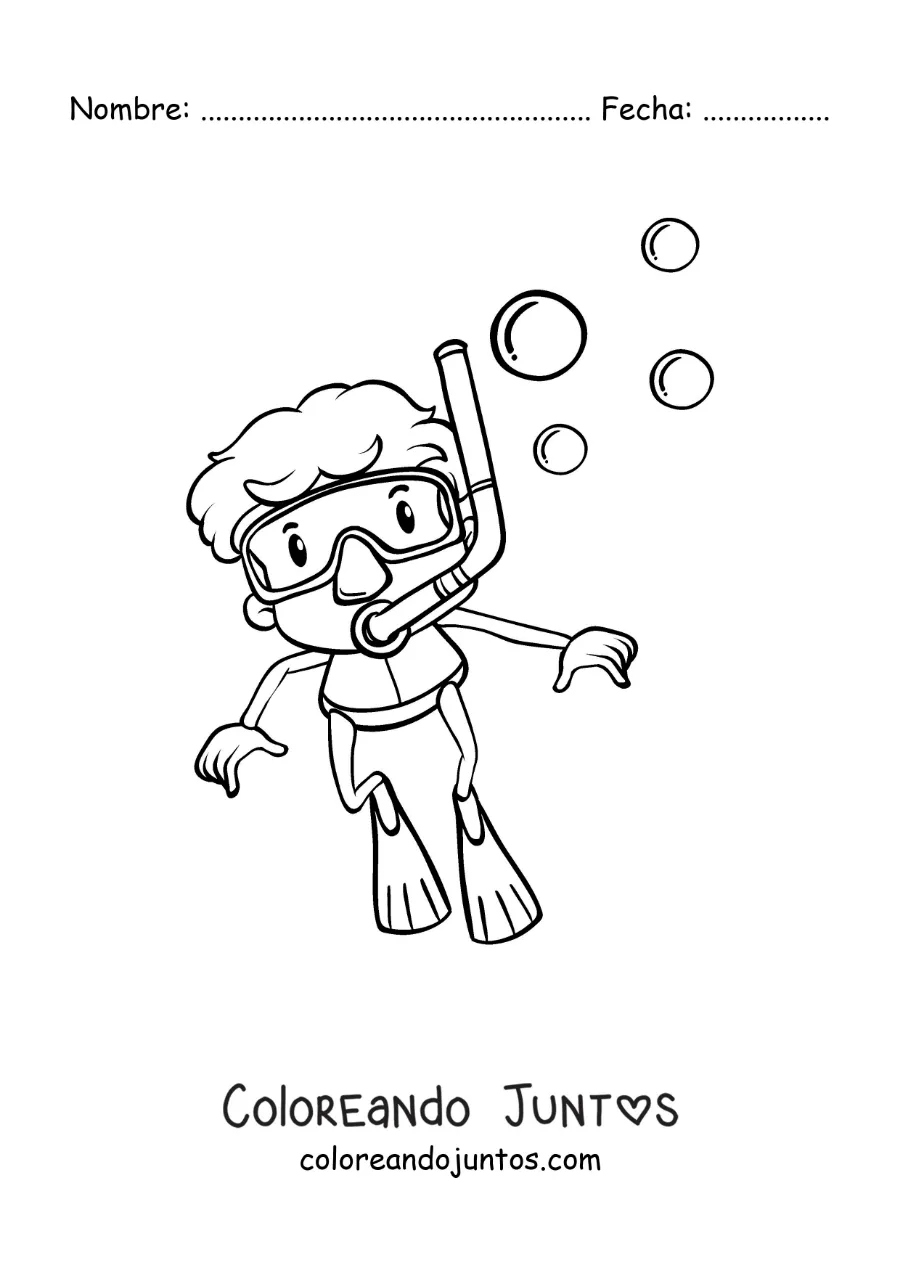 Imagen para colorear de un chico buceando con esnórkel y chapaletas