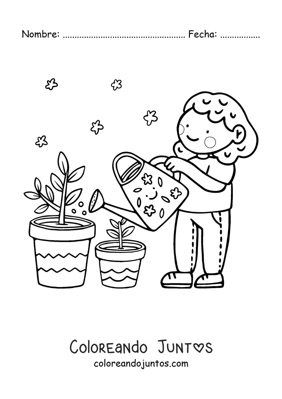 Imagen para colorear de una linda niña regando sus plantas