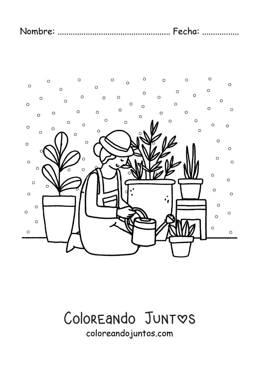 Imagen para colorear de una chica regando sus plantas en casa