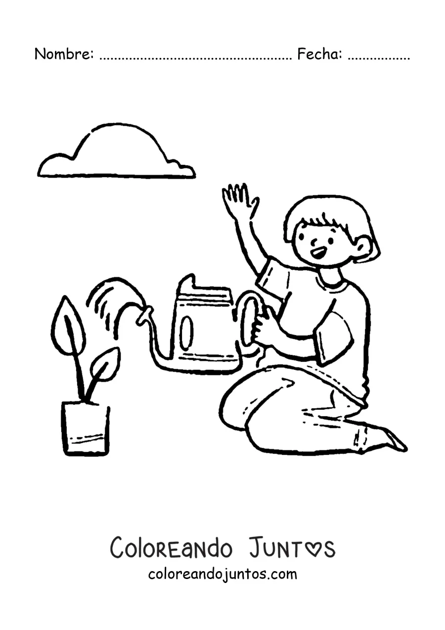 Imagen para colorear de un chico regando una planta en una maceta