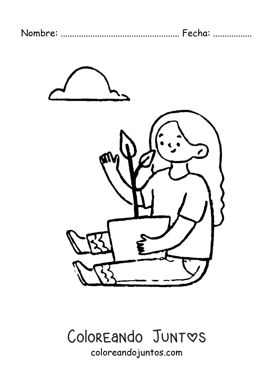 Imagen para colorear de una chica abrazando una planta en su maceta