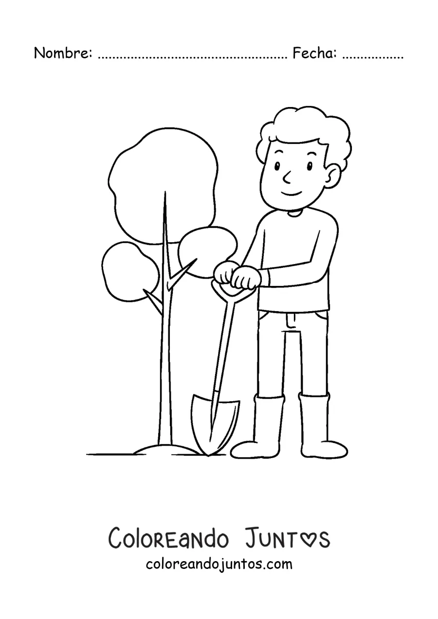 Imagen para colorear de un chico sembrando una planta en la tierra