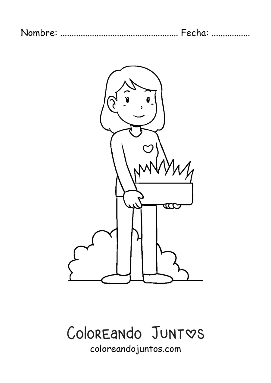 Imagen para colorear de una chica cuidando de su jardín