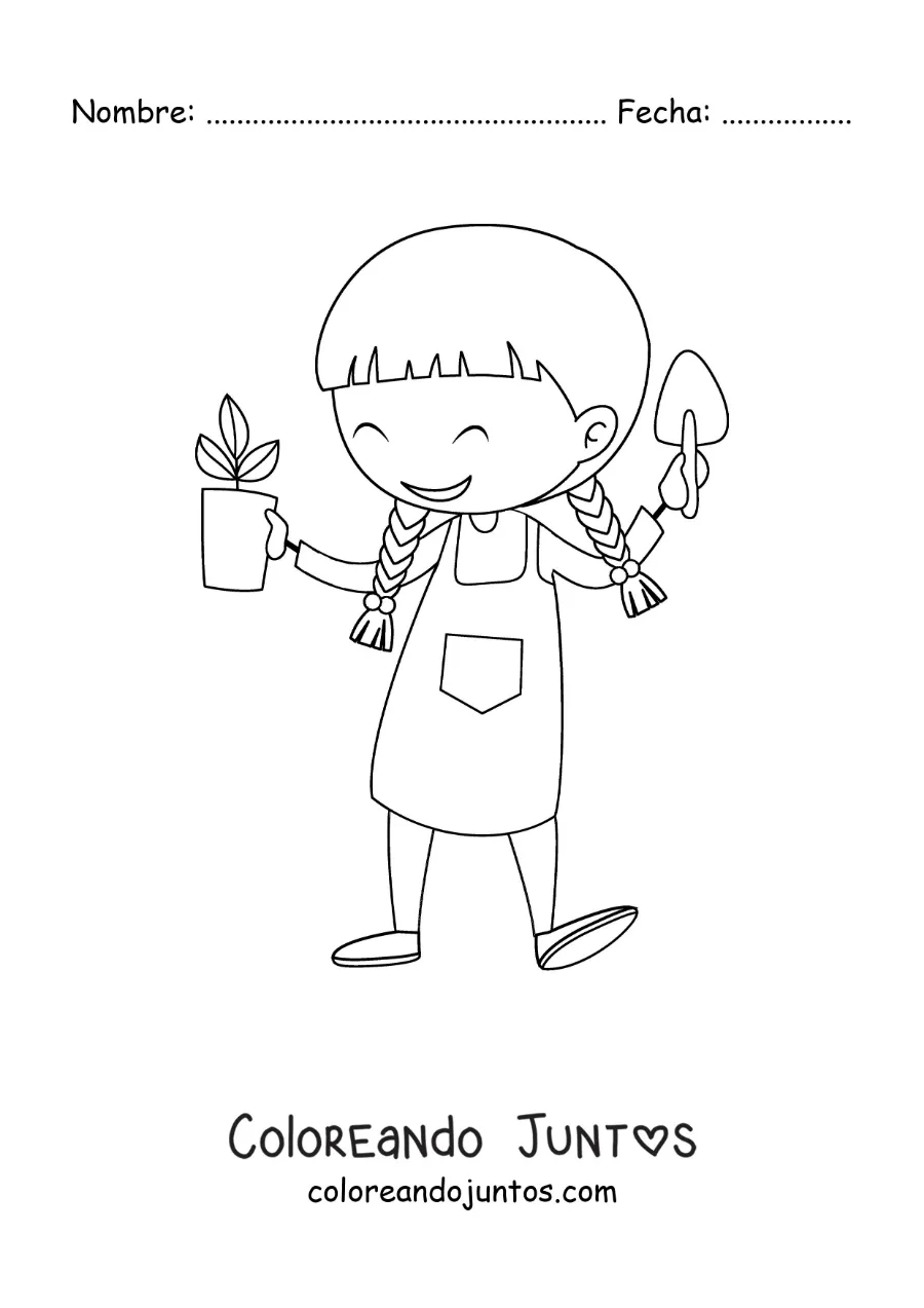 Imagen para colorear de una niña con una maceta y una pala de jardinería