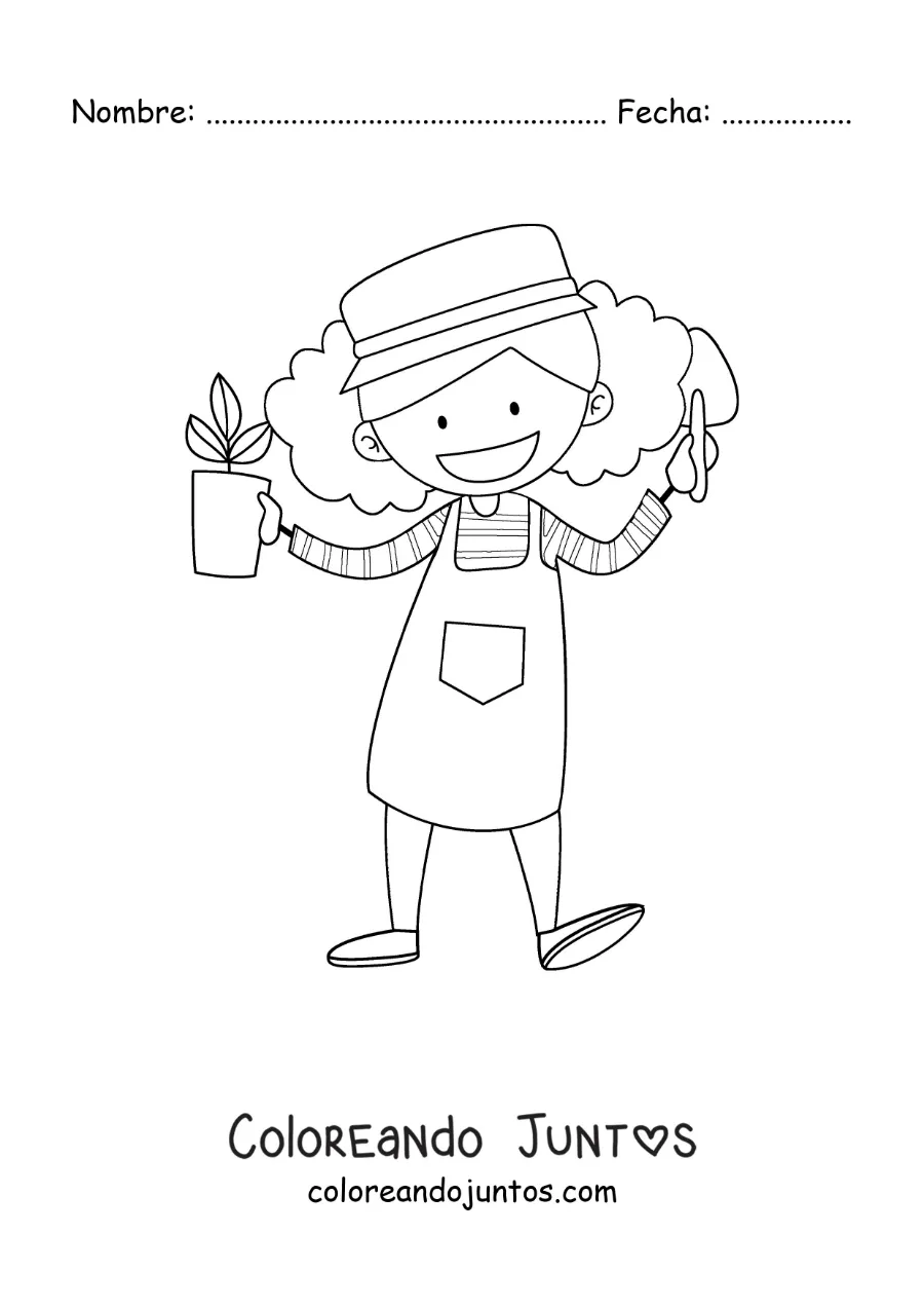 Imagen para colorear de una niña jardinera con una maceta y una pala