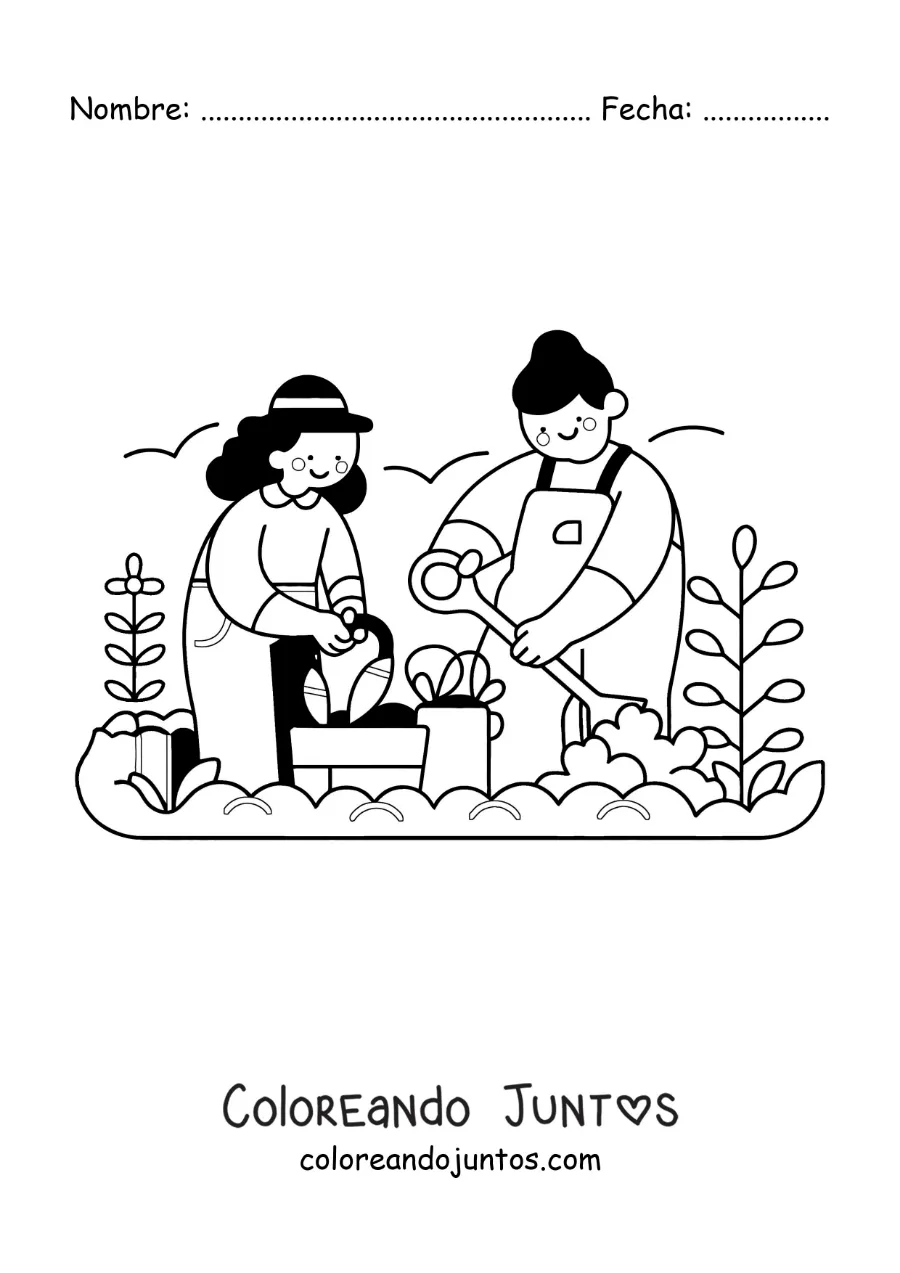 Imagen para colorear de dos chicas haciendo mantenimiento a un jardín