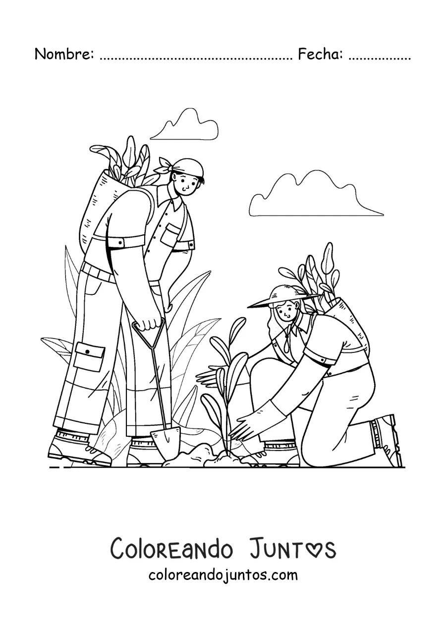 Imagen para colorear de una pareja cuidando de su jardín