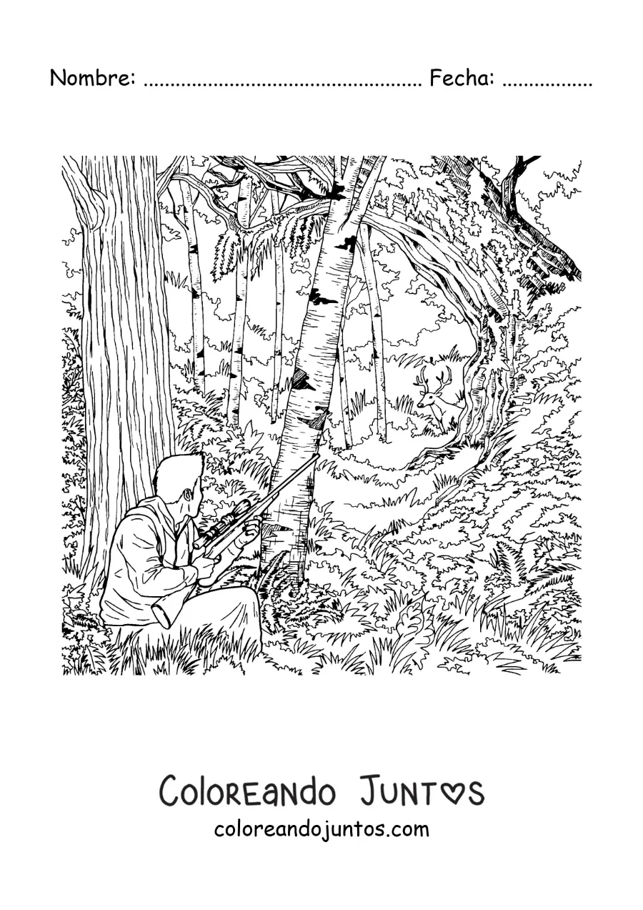 Imagen para colorear de un cazador apuntando a un ciervo en el bosque