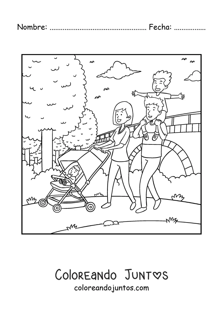 Imagen para colorear de una familia de paseo en el parque