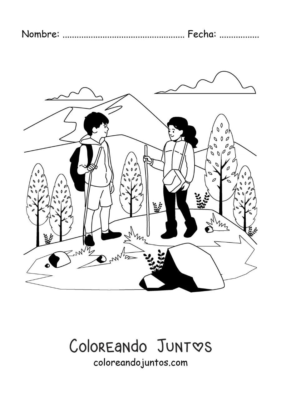 Imagen para colorear de una pareja haciendo senderismo en las montañas