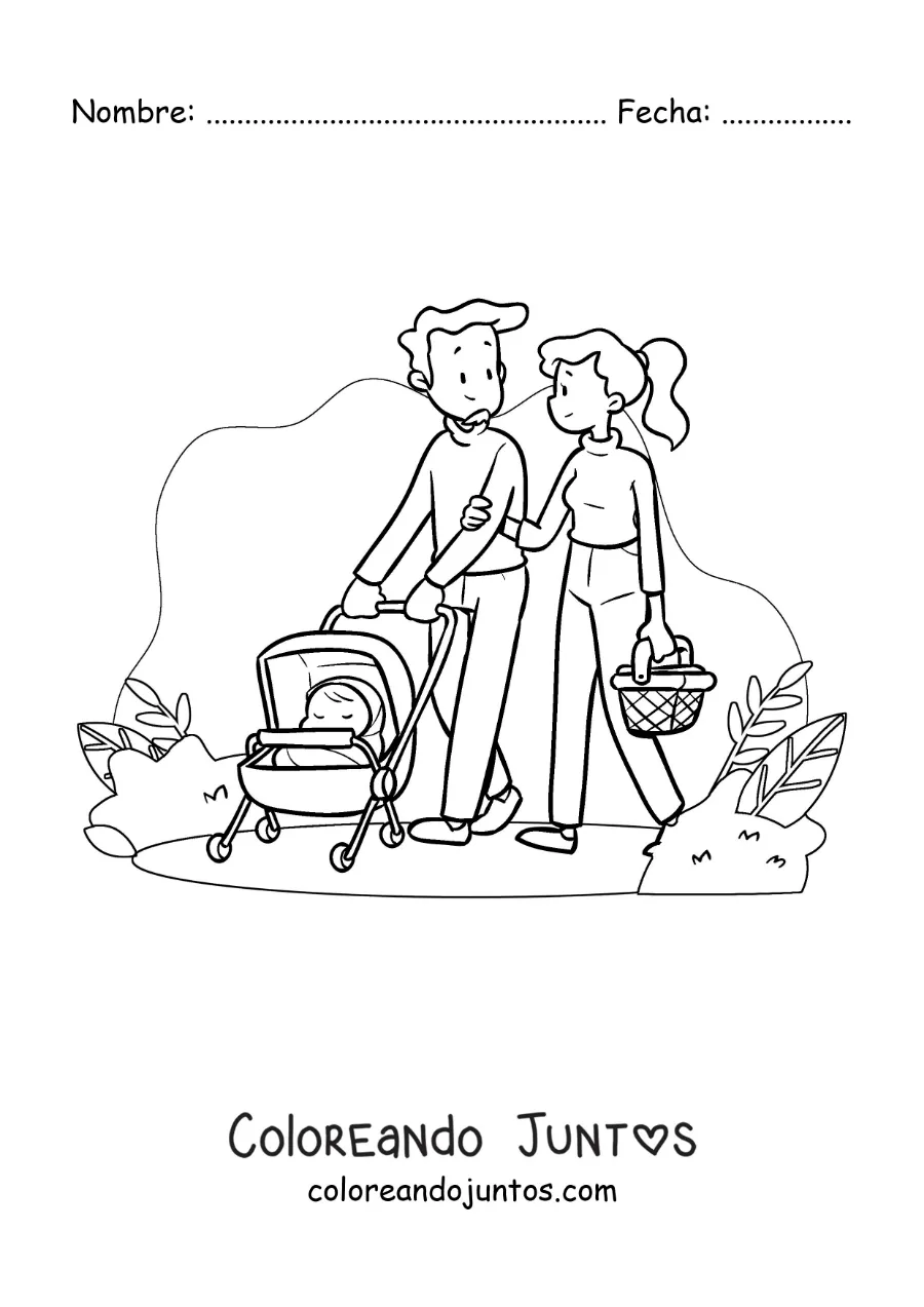 Imagen para colorear de una pareja de paseo en el parque con su bebé
