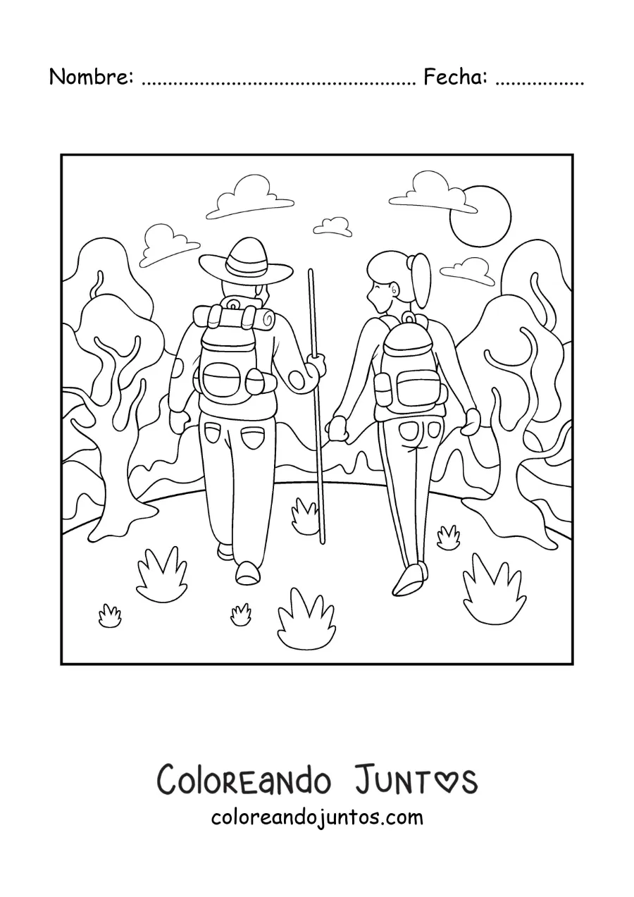 Imagen para colorear de una pareja haciendo senderismo