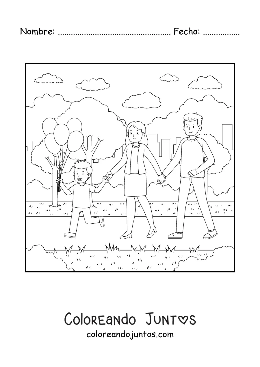 Imagen para colorear de una familia paseando en el parque con su hijo pequeño con globos
