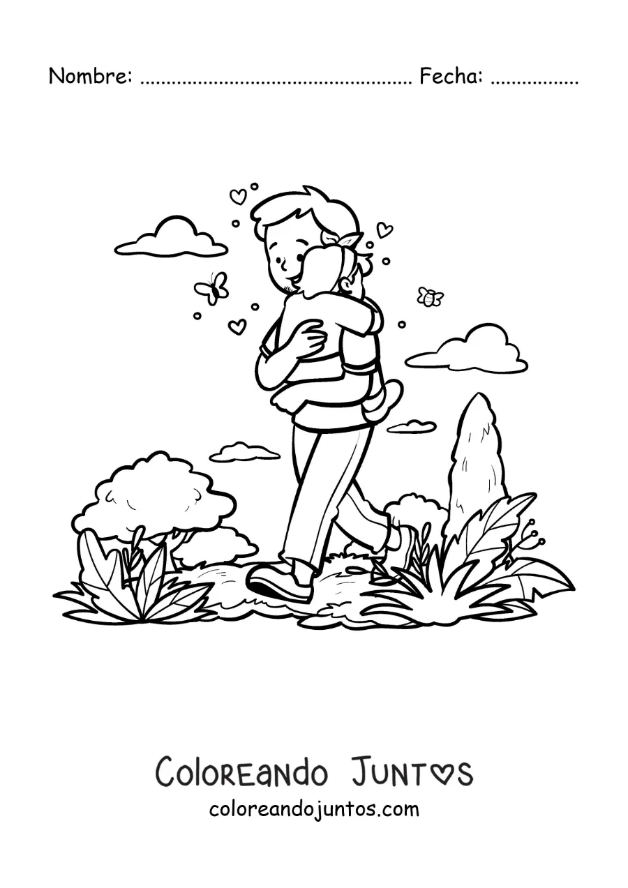 Imagen para colorear de un padre cargando a su hija en el parque