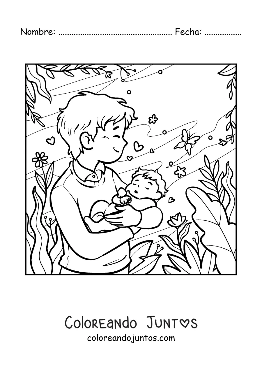 Imagen para colorear de un padre cargando a su bebé en el parque
