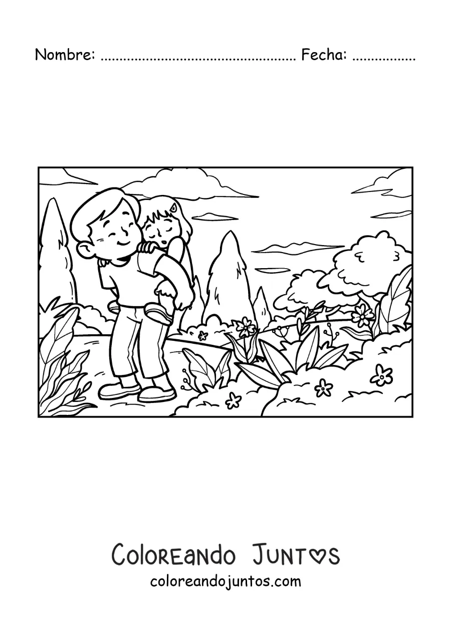 Imagen para colorear de un padre cargando a su hija en una ruta de senderismo