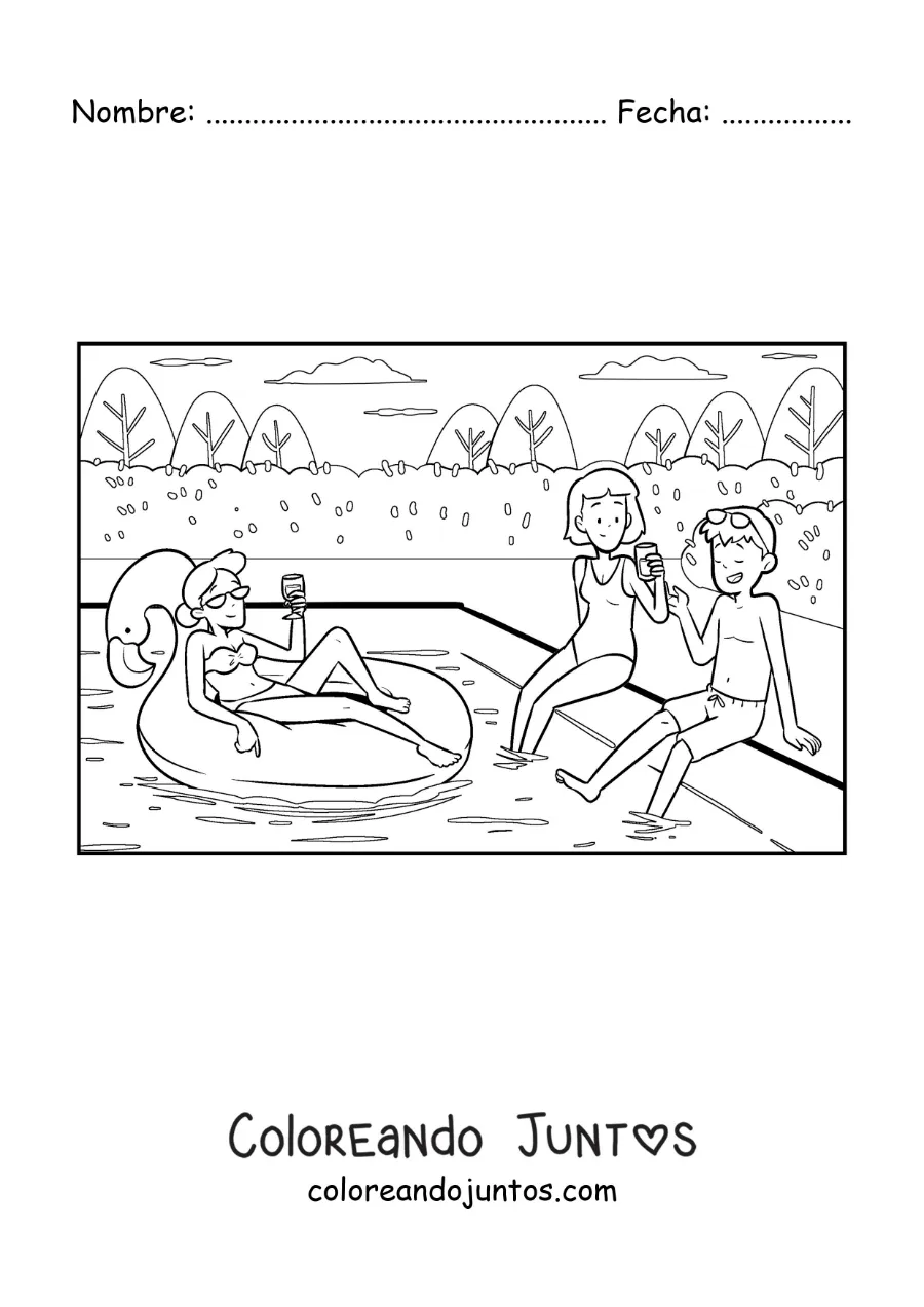 Imagen para colorear de un grupo de amigos jóvenes en una fiesta en la piscina