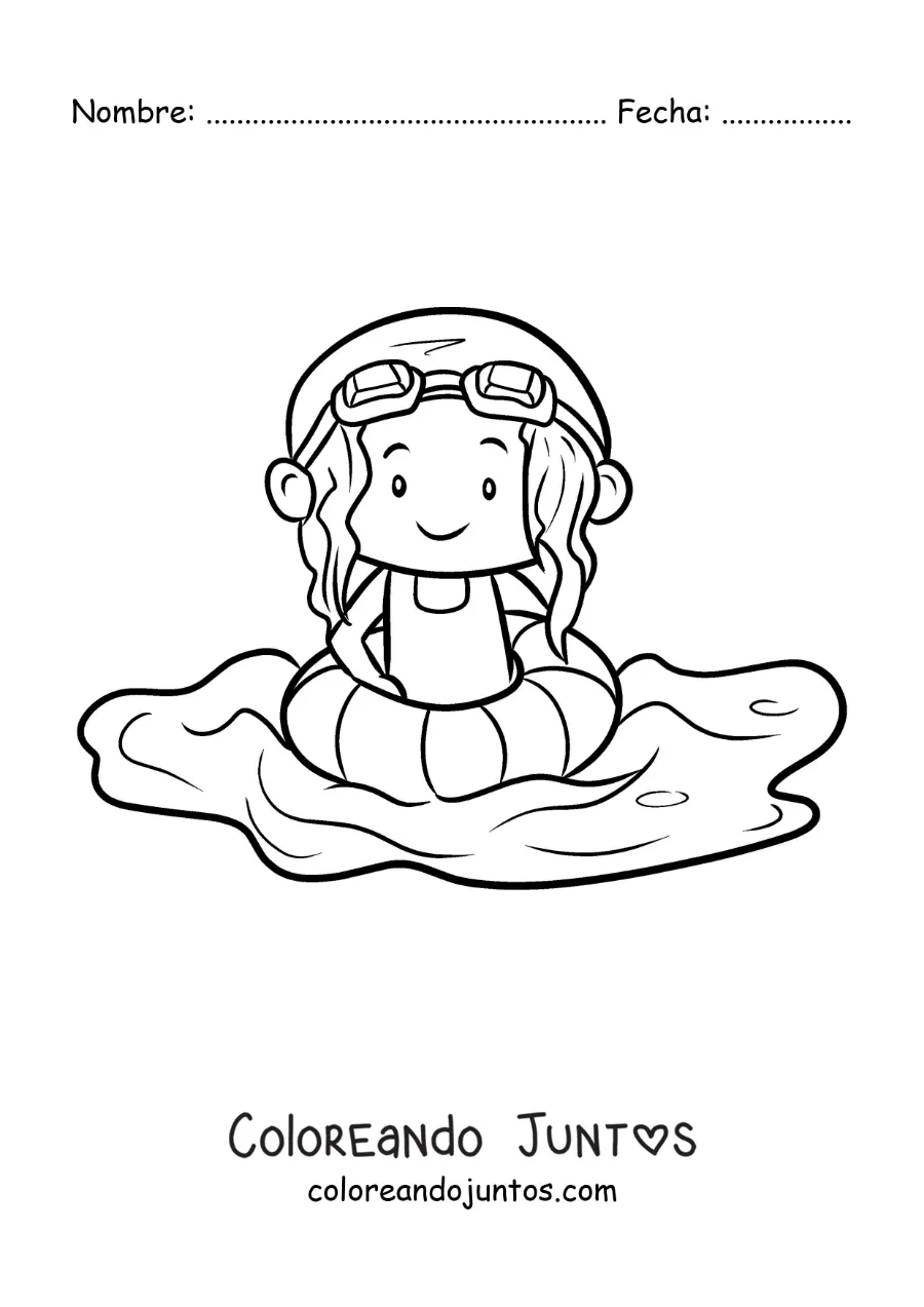 Imagen para colorear de una niña con flotador y lentes de natación en una piscina