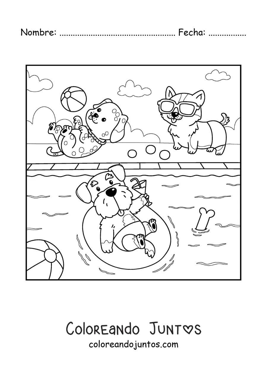 Imagen para colorear de perros animados en una fiesta en la piscina