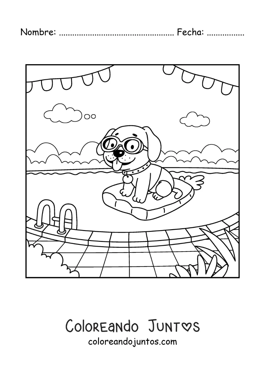 Imagen para colorear de un perro animado con flotador y lentes en una piscina