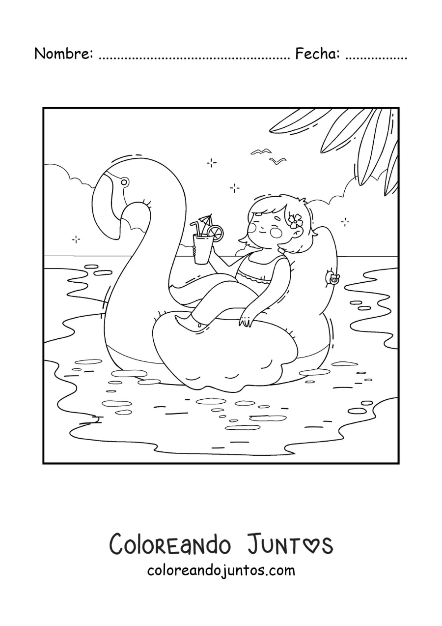 Imagen para colorear de una niña de vacaciones en un flotador de flamingo en la piscina