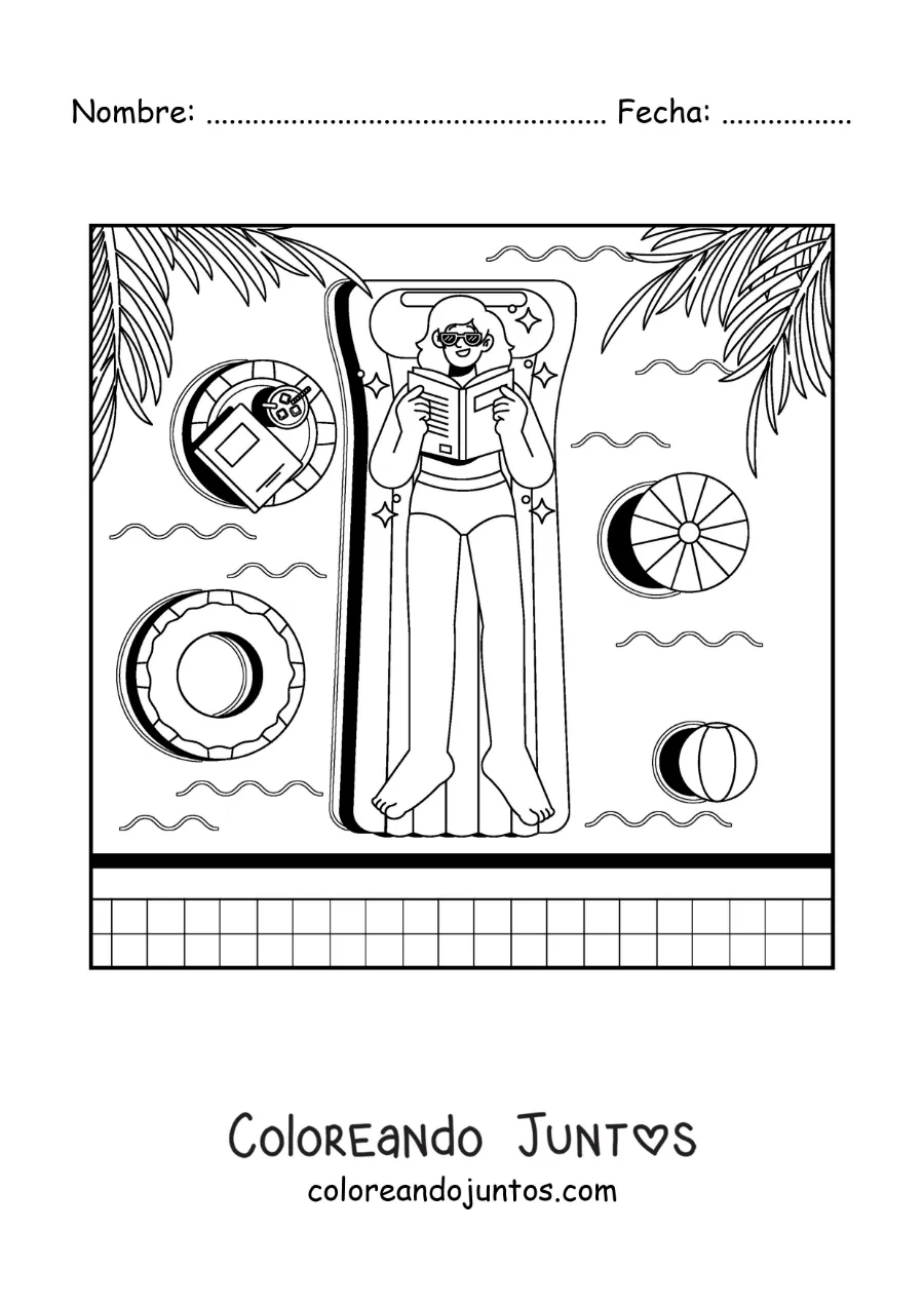 Imagen para colorear de una chica de vacaciones leyendo en una piscina