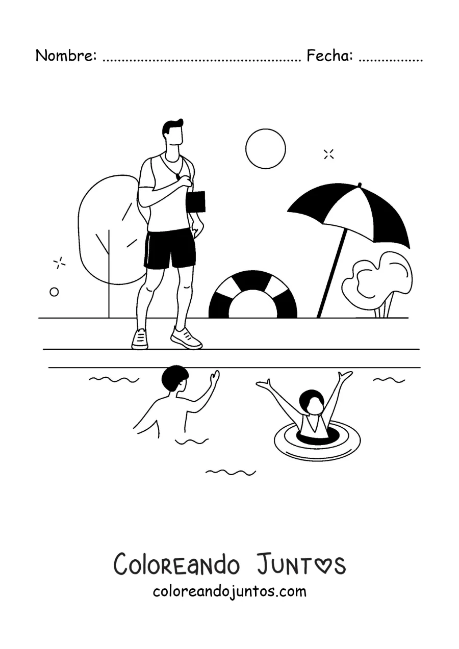 Imagen para colorear de una piscina municipal con su salvavidas