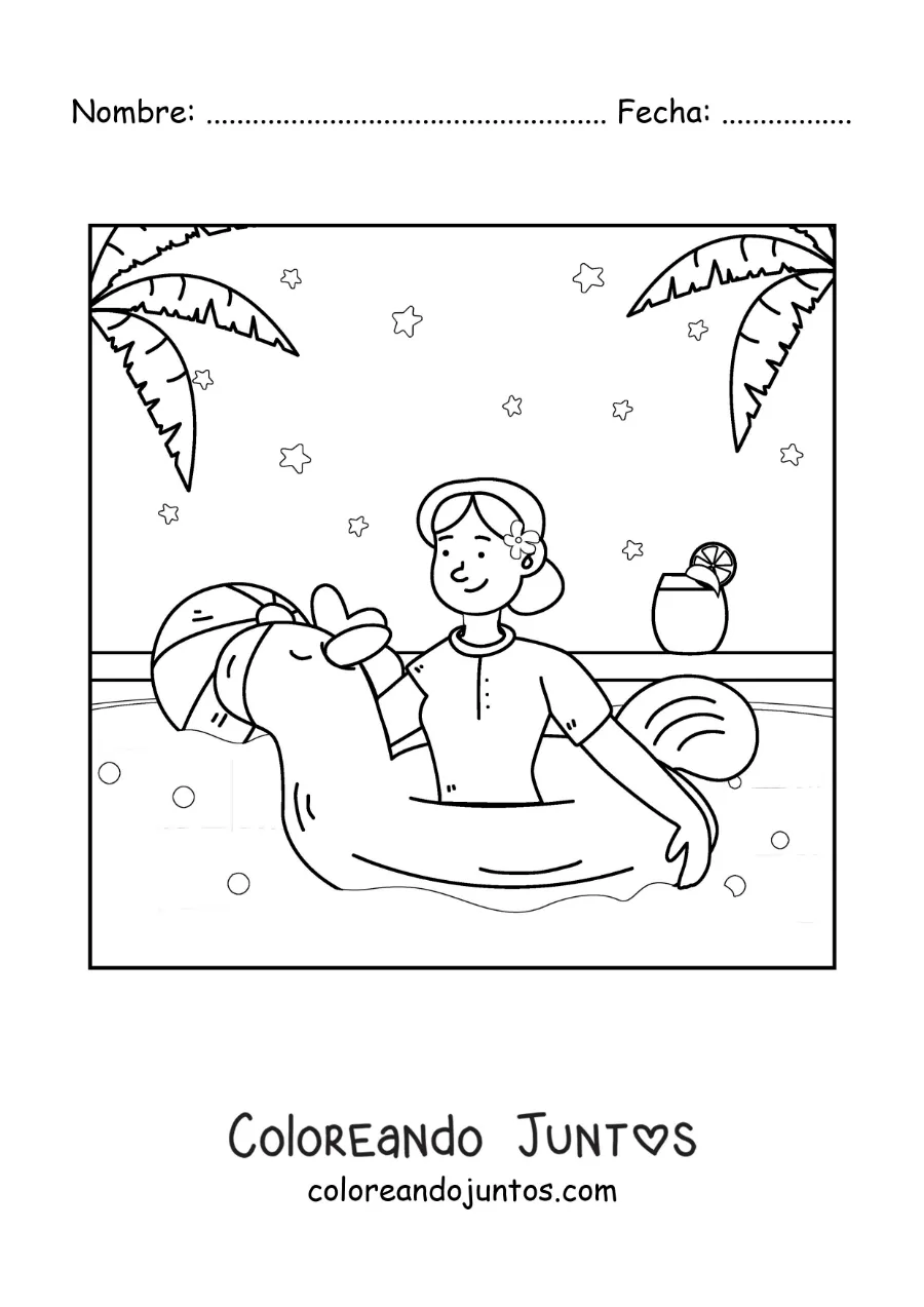 Imagen para colorear de una chica con un flotador de unicornio en una piscina