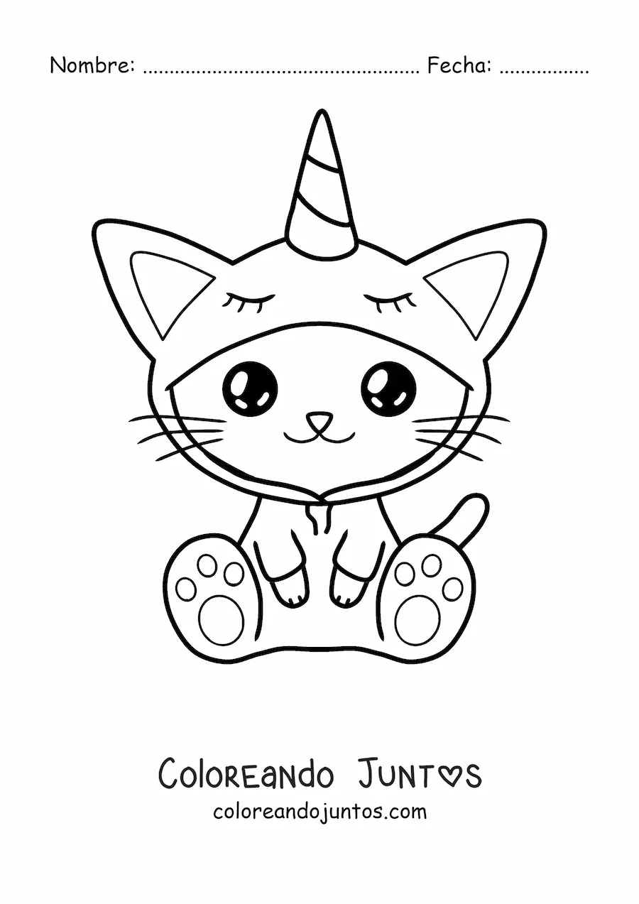 Imagen para colorear de un gato kawaii disfrazado de unicornio