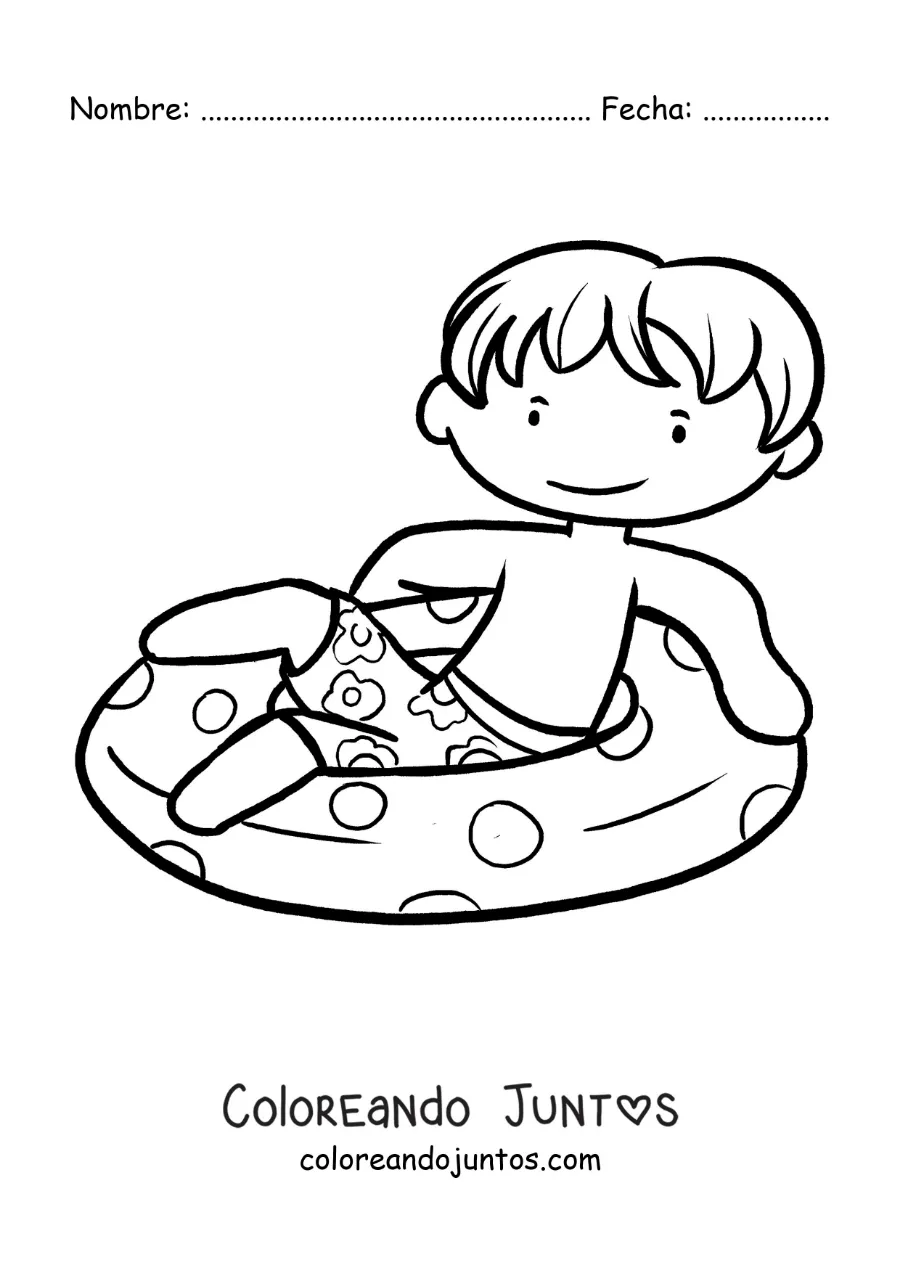 Imagen para colorear de un niño flotando en una piscina