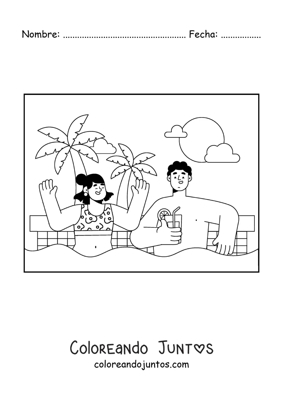 Imagen para colorear de una pareja joven de vacaciones en una piscina