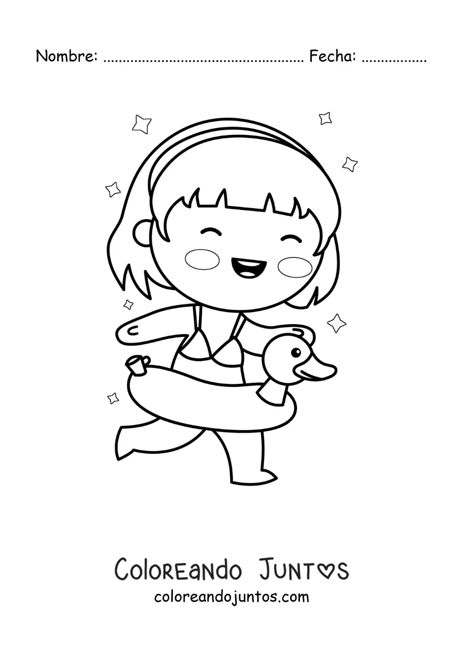 Imagen para colorear de una niña corriendo con un flotador de pato