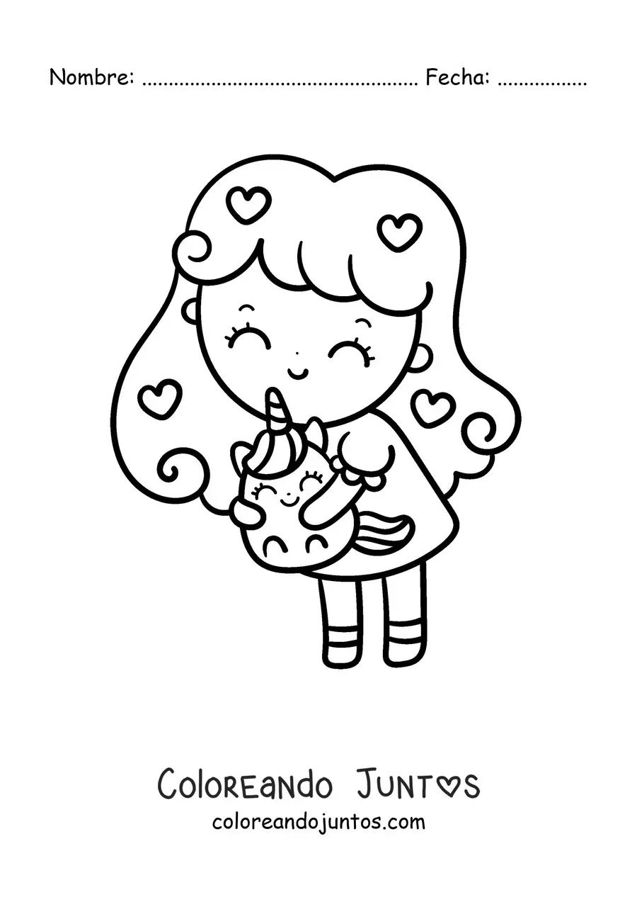 Imagen para colorear de una niña kawaii sujetando un unicornio de juguete