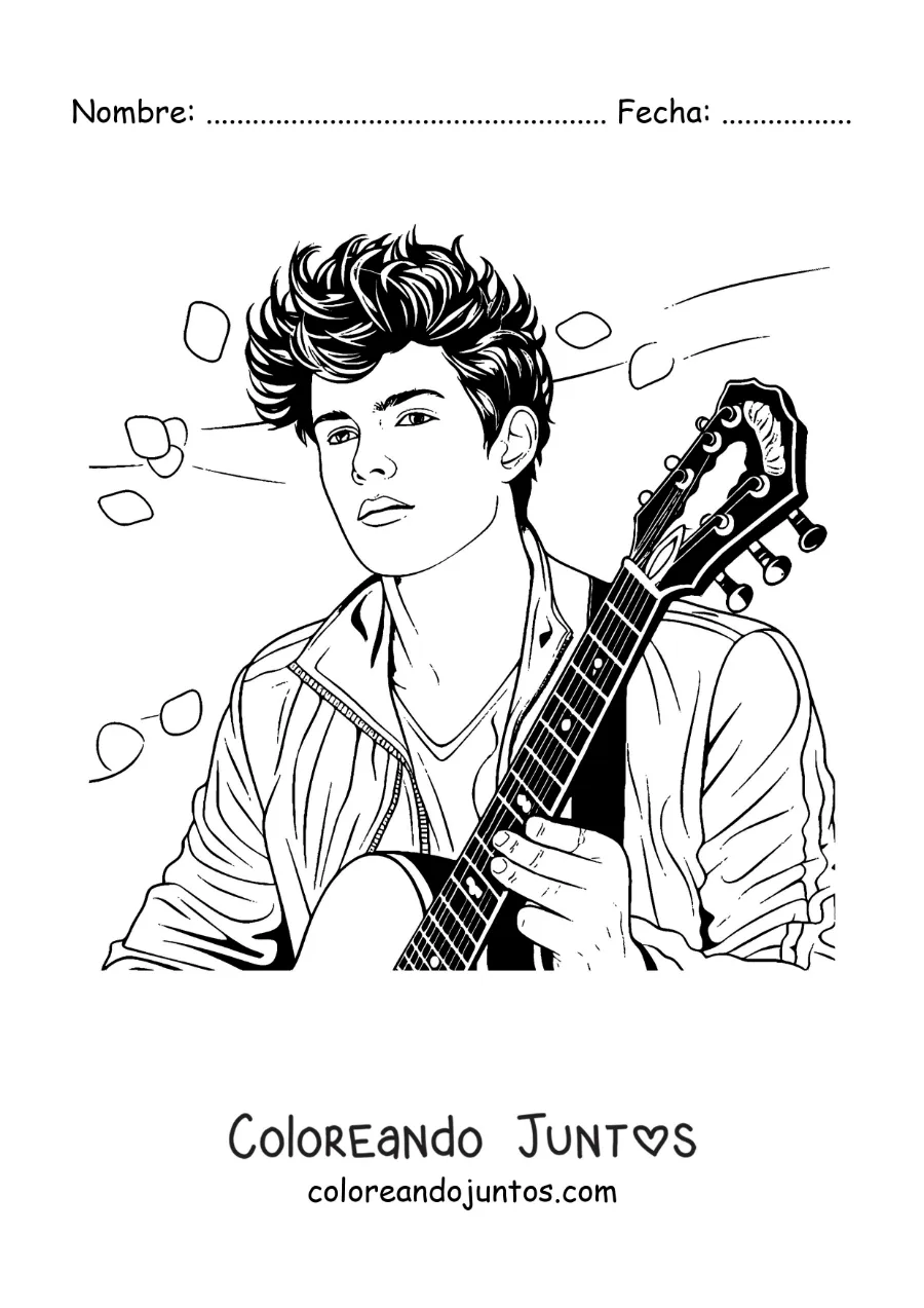 Imagen para colorear de Shawn Mendes tocando la guitarra con pétalos de flores