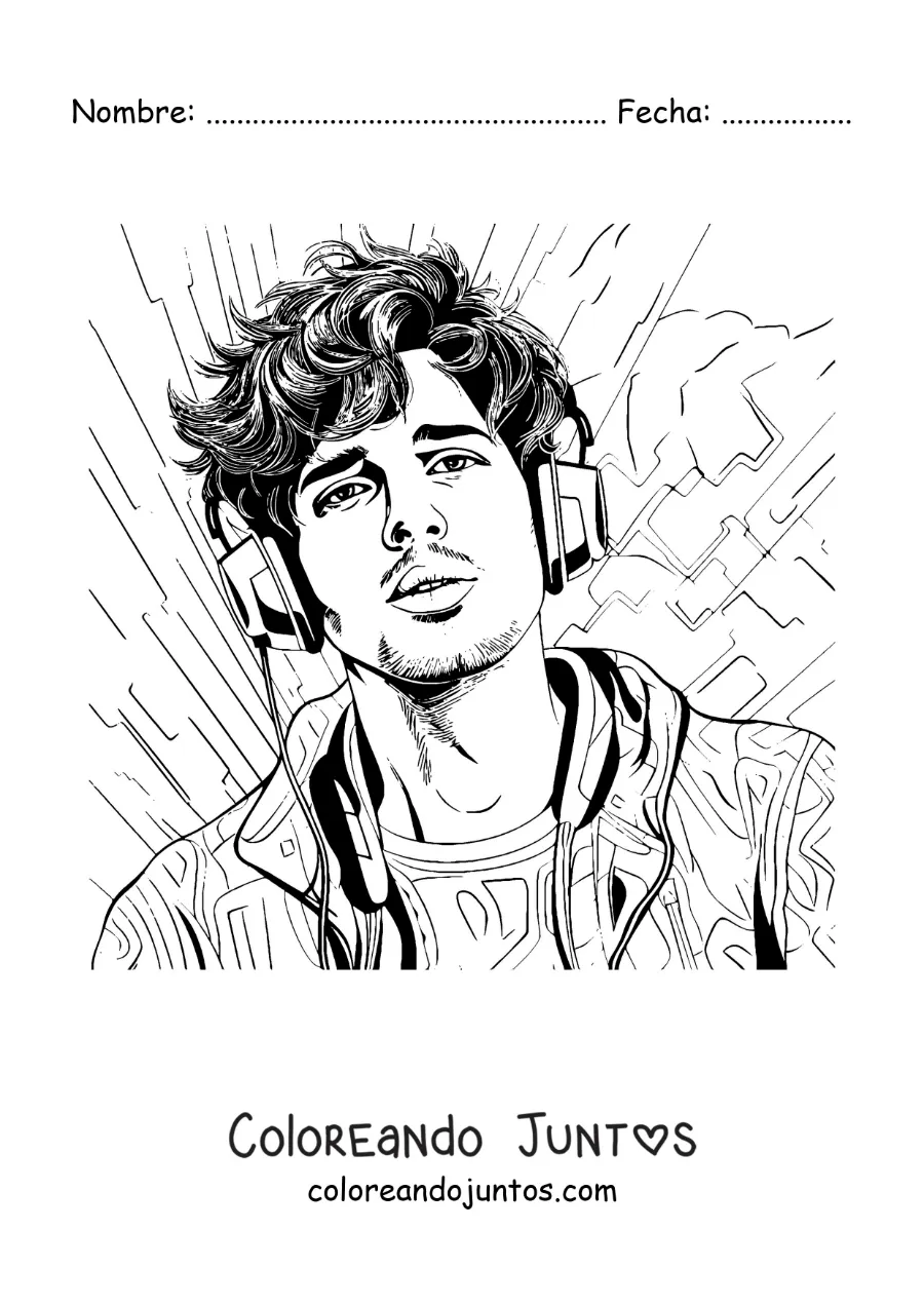 Imagen para colorear de un retrato de Sebastián Yatra con audífonos en estilo realista