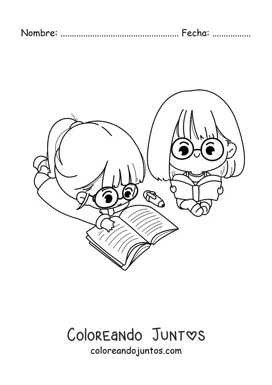 Imagen para colorear de dos niñas kawaii estudiando
