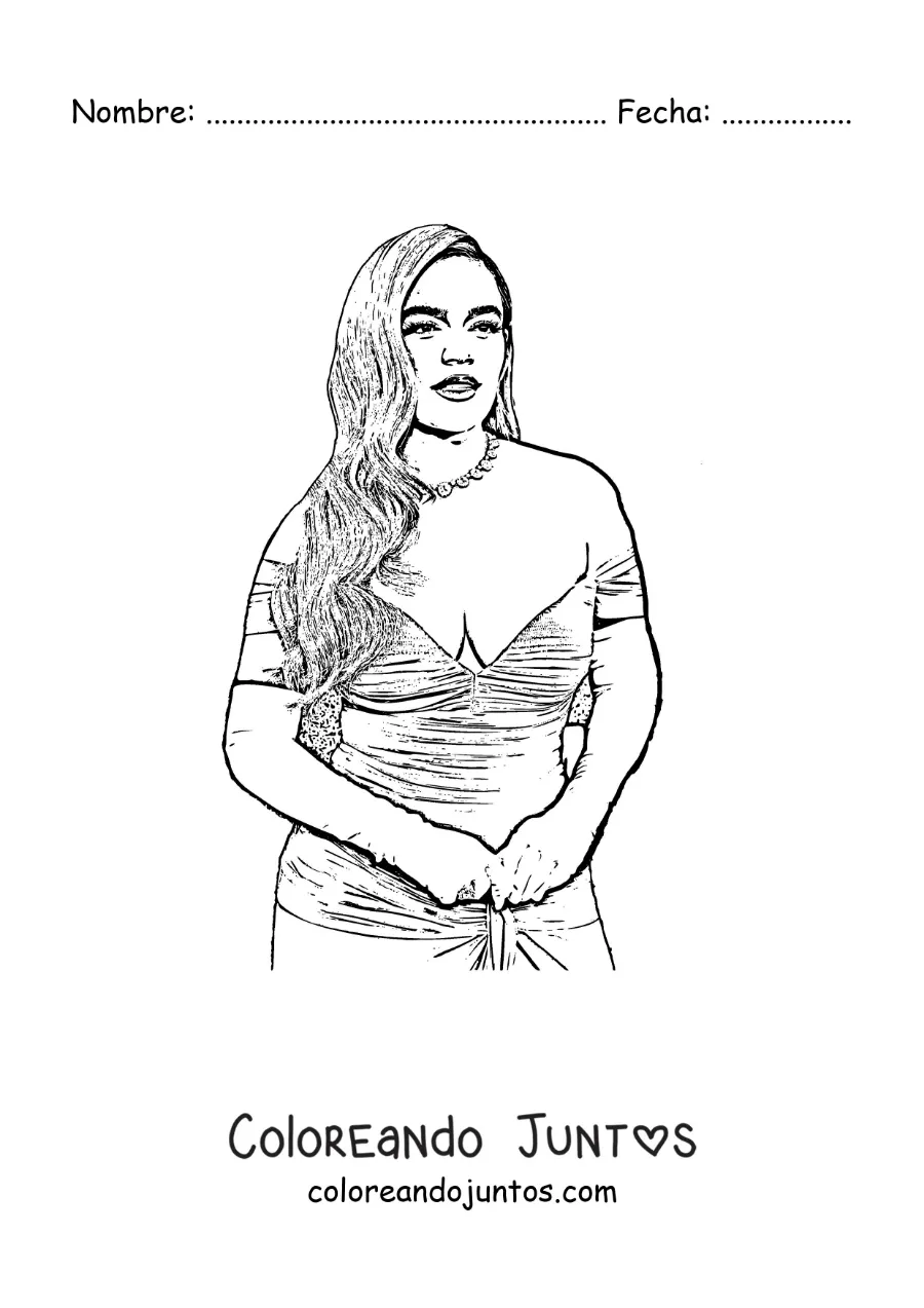 Imagen para colorear de un retrato de Karol G con vestido a lápiz