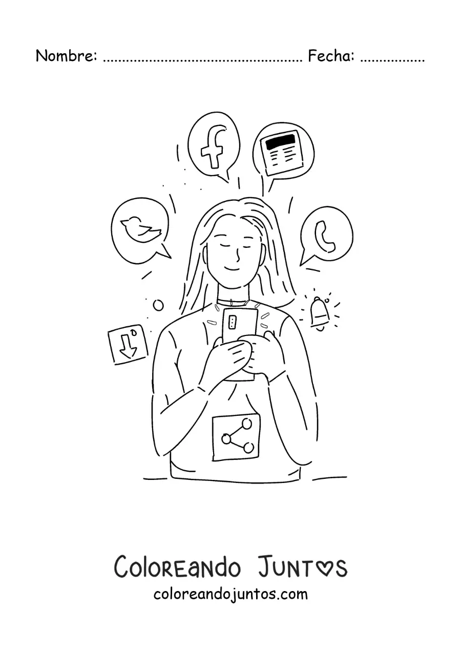 Imagen para colorear de una chica viendo las redes sociales en su teléfono