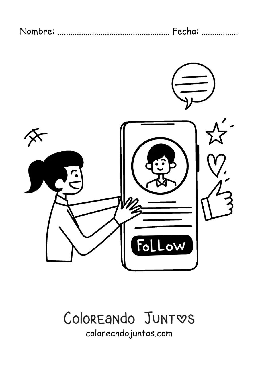 Imagen para colorear de una chica siguiendo a un chico en las redes sociales